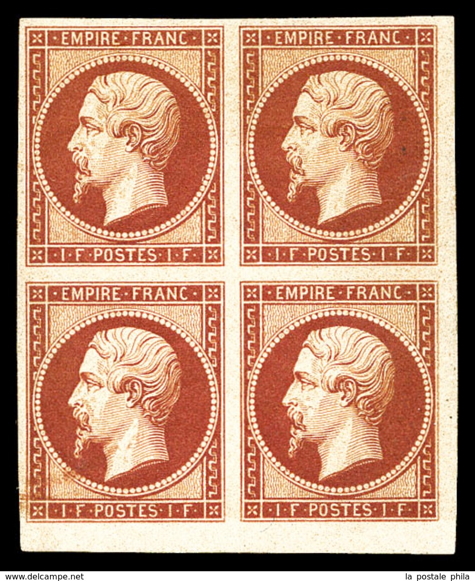 * N°18d, 1F Carmin Impression De 1862 En Bloc De Quatre Coin De Feuille, Grandes Marges, Fraîcheur Postale, SUPERBE, R.R - 1853-1860 Napoleon III