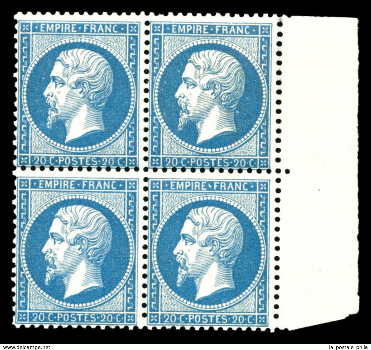 ** N°22, 20c Bleu En Bloc De Quatre Bdf, Frais. TTB (signé Calves/certificat)   Qualité: ** - 1862 Napoléon III