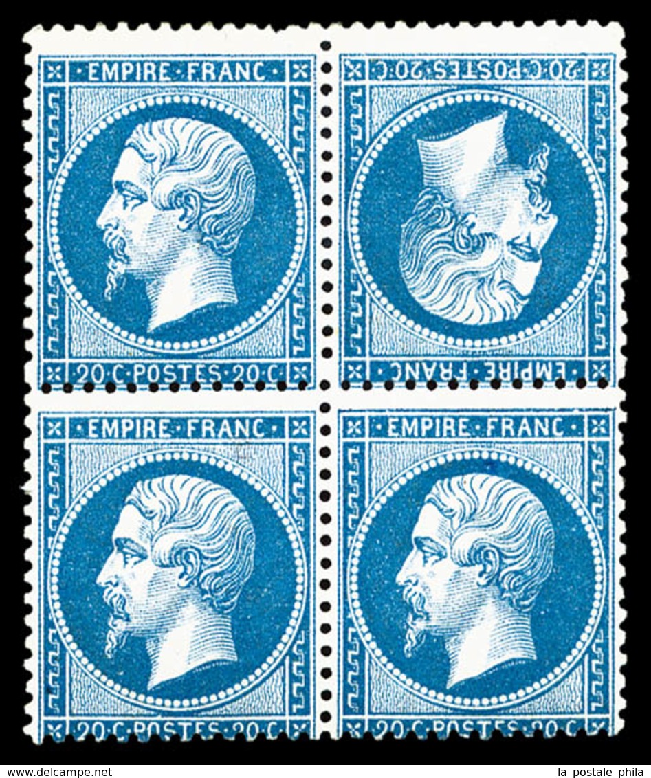 * N°22b, 20c Bleu, Têtebêche Tenant à Normaux Dans Un Bloc De Quatre (1ex**), RARE Et SUPERBE (signé Calves/certificat)  - 1862 Napoleone III