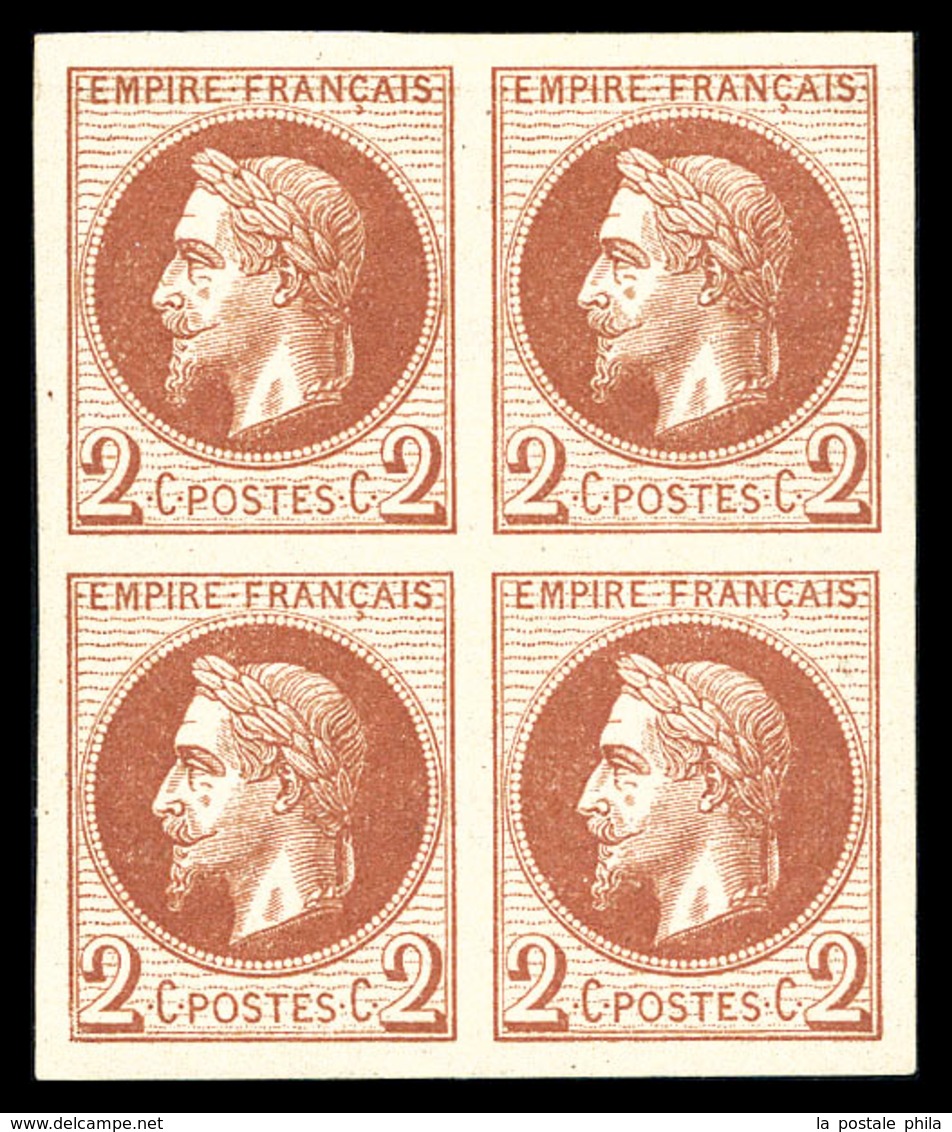 ** N°26Af, 2c Rougebrun Non Dentelé, Impression De Rothschild En Bloc De Quatre (2ex*), Grandes Marges. SUP (certificat) - 1863-1870 Napoléon III Lauré