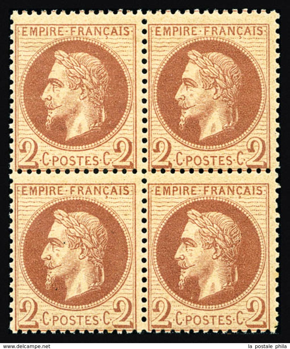 ** N°26B, 2c Rougebrun Clair Type II En Bloc De Quatre, Fraîcheur Postale, SUP (certificat)  Qualité: ** - 1863-1870 Napoleon III With Laurels