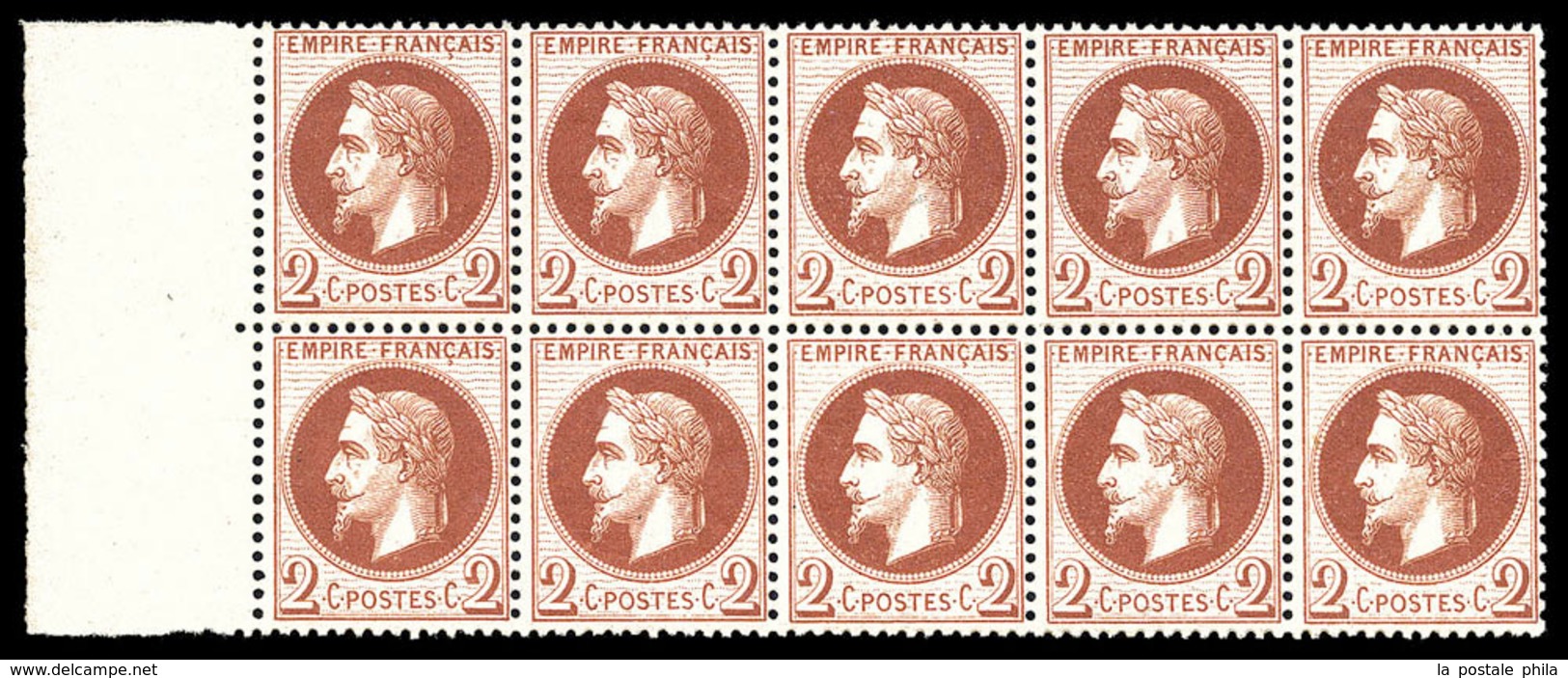 ** N°26Ba, 2c Rougebrun Foncé Type II, Bloc De 10 Exemplaires Bdf, Fraîcheur Postale. SUP (certificat)  Qualité: ** - 1863-1870 Napoleon III With Laurels