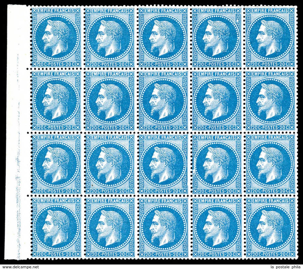 ** N°29B, 20c Bleu Type II En Bloc De 20 Bord De Feuille, Pli D'archive Sur 3 Timbres. SUP (certificat)  Qualité: ** - 1863-1870 Napoléon III Lauré