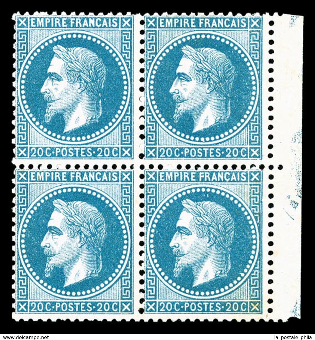 * N°29B, 20c Bleu Type II En Bloc De Quatre, Bord De Feuille Latéral Droit, TB (certificat)  Qualité: *  Cote: 1450 Euro - 1863-1870 Napoleon III With Laurels