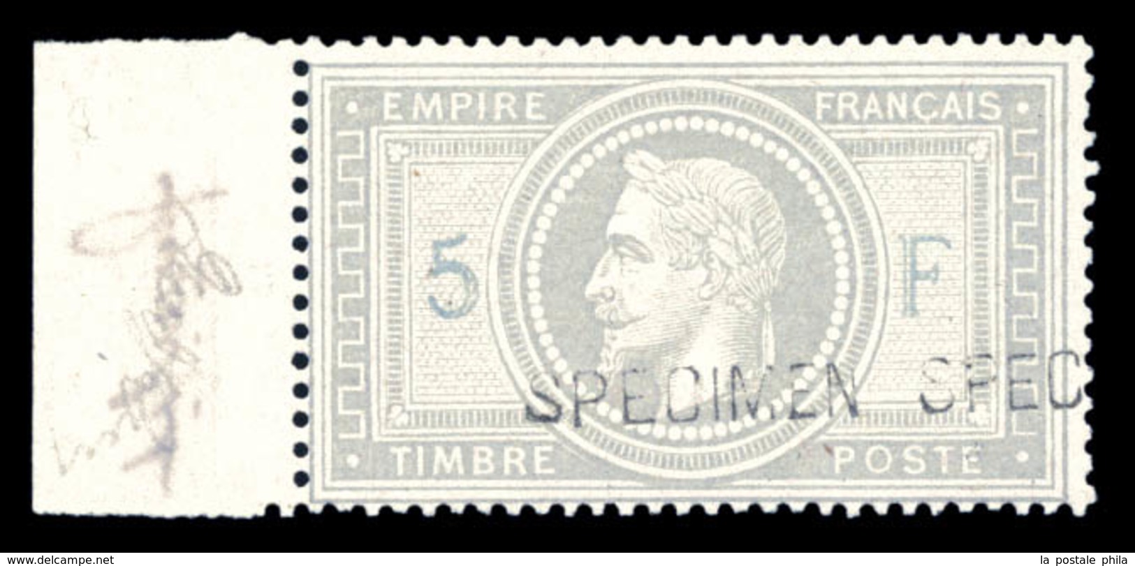 ** N°33, 5F Violetgris Surchargé 'SPECIMEN' En Petits Caractères, Fraîcheur Postale. SUPERBE. R.R.R (certificats)  Quali - 1863-1870 Napoleon III With Laurels