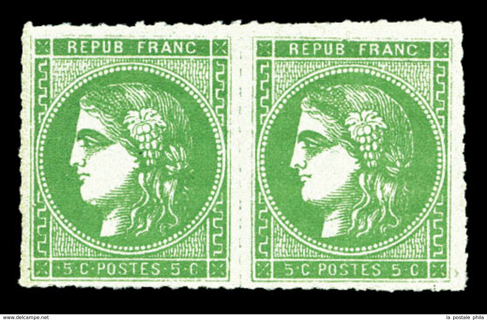 * N°42B, 5c Vert En Paire Horizontale Percée En Lignes. SUP (signé Calves/certificat)  Qualité: * - 1870 Bordeaux Printing