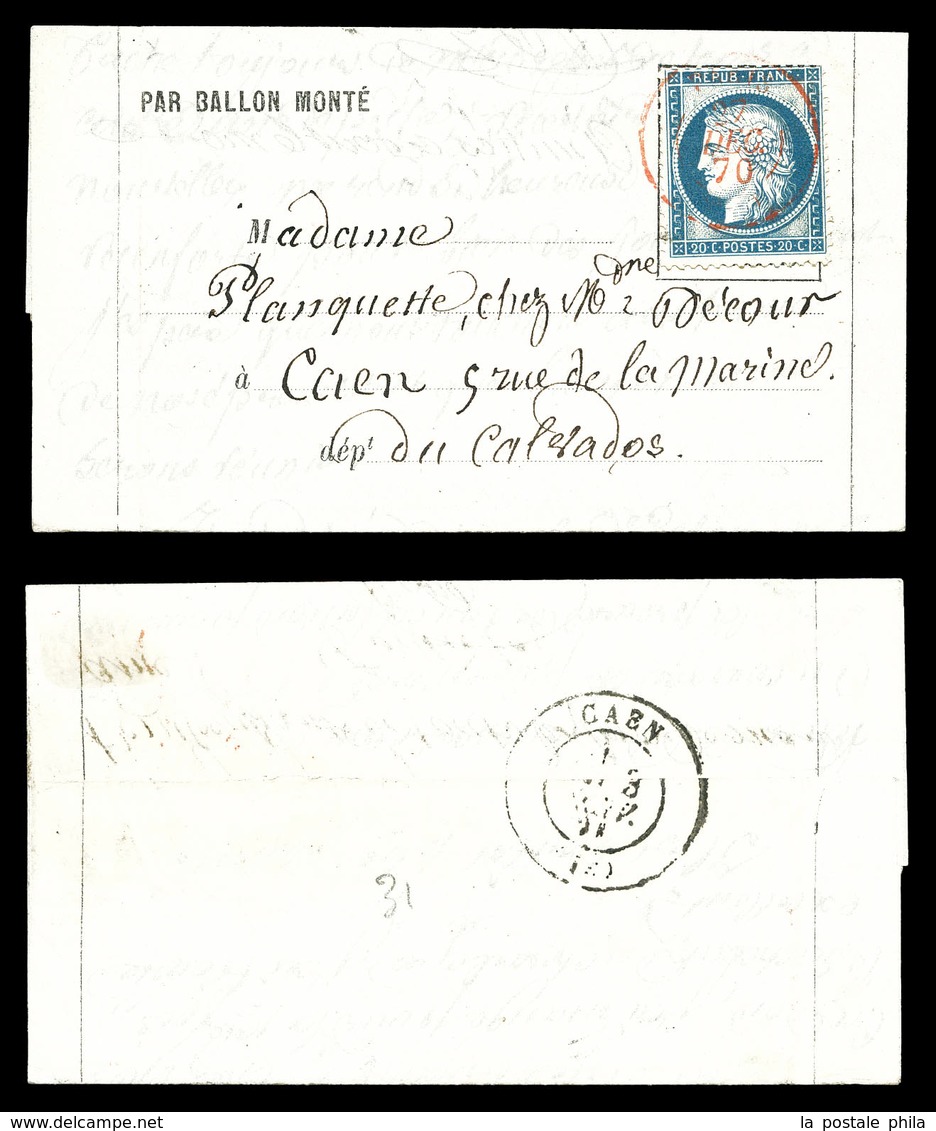 O LE BAYARD', 20c Siège Obl Paris 'SC' Rouge Du 27 Dec 1870 à Destination De Caen, Arrivée Le 3 Janv 71. TTB (certificat - War 1870