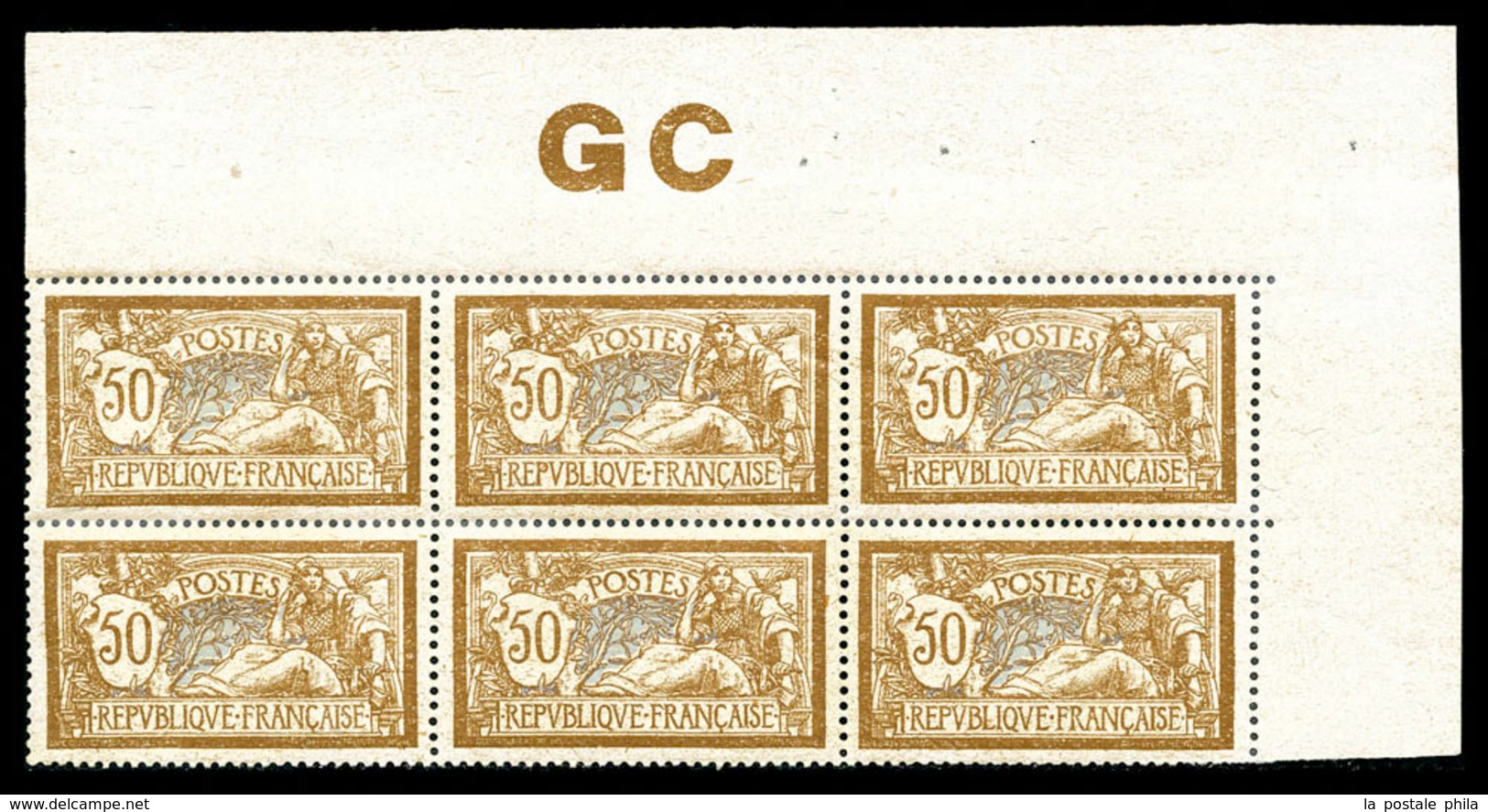 ** N°120d, 50c Merson, Bloc De 6 Exemplaires Cdf Avec Manchette 'GC' (1ex*), Très Bon Centrage. SUP (certificat)  Qualit - 1900-02 Mouchon