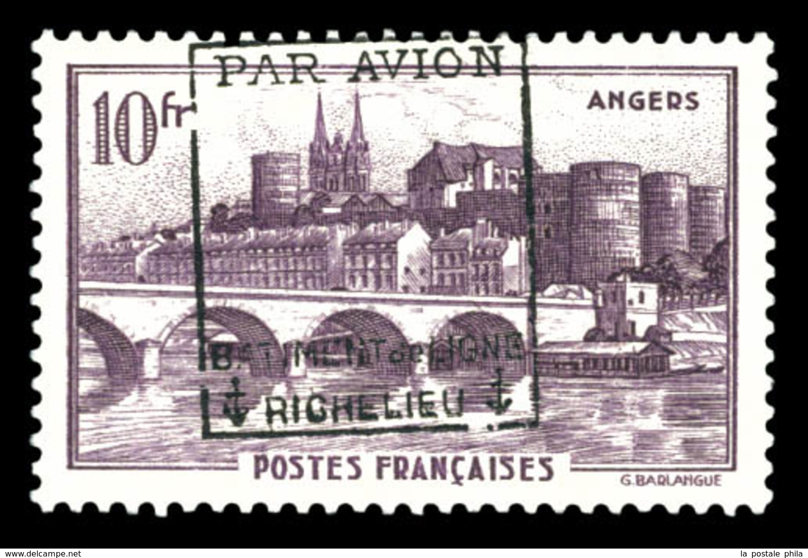 ** N°10, Timbre De France: Angers (N°500), 10F Violet, Surchargé 'PAR AVION RICHELIEU'. SUP. R.R. (certificat)  Qualité: - Military Airmail