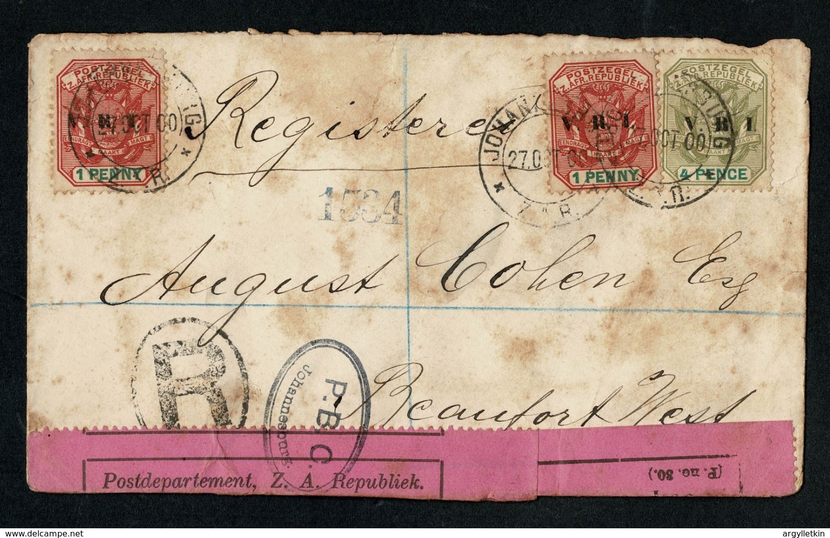 BOER WAR Z.A.R. 1900 REGISTERED CENSOR COVER BEAUFORT WEST - Zululand (1888-1902)