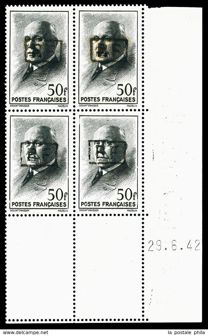 ** N°33, POITIERS: Pétain, 50F Noir Surchargé Type III En Bloc De Quatre Coin De Feuille Daté Du 29.6.42, GRANDE RARETE, - Liberation