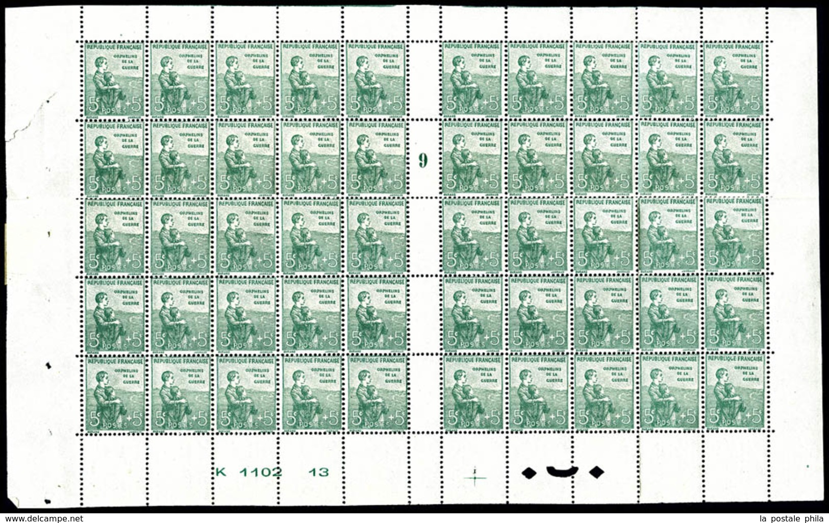 ** N°149, Orphelins 5c +5c Vert En Panneau Complet De 50 Exemplaires Millésime '9', Bas De Feuille, R.R. SUP (certificat - Feuilles Complètes