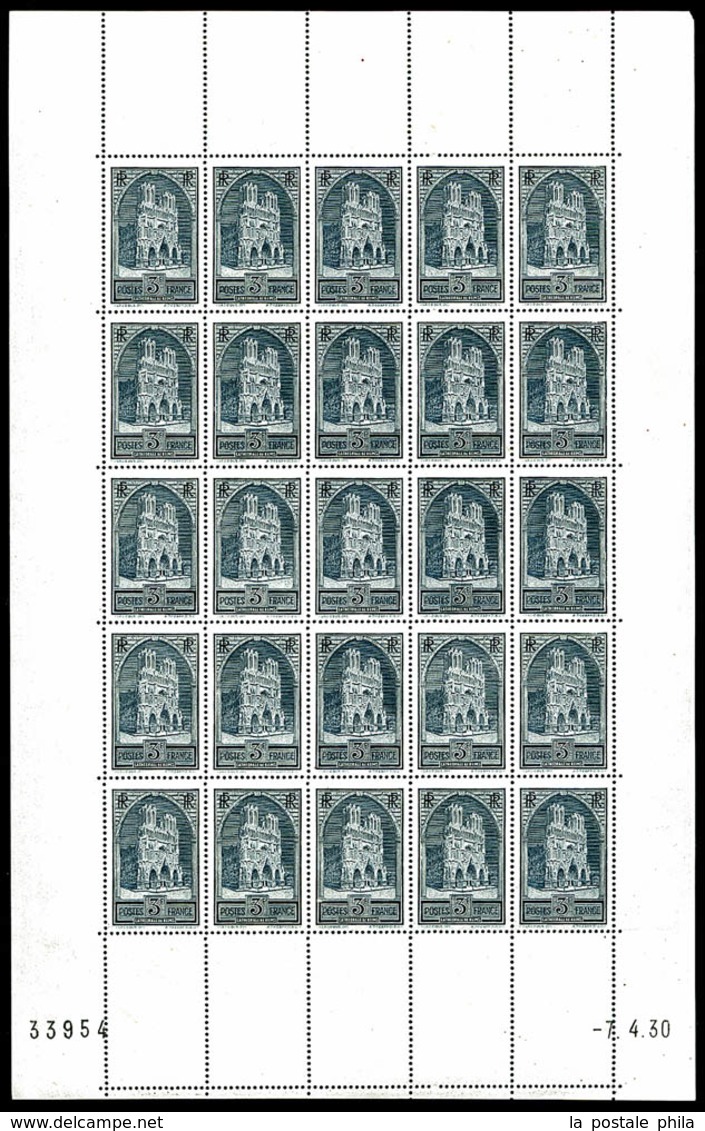 ** N°259, Cathédrale De Reims Type I En Feuille Complète De 25 Exemplaires Datée Du 7/4/1930, RARE Et SUPERBE (certifica - Fogli Completi