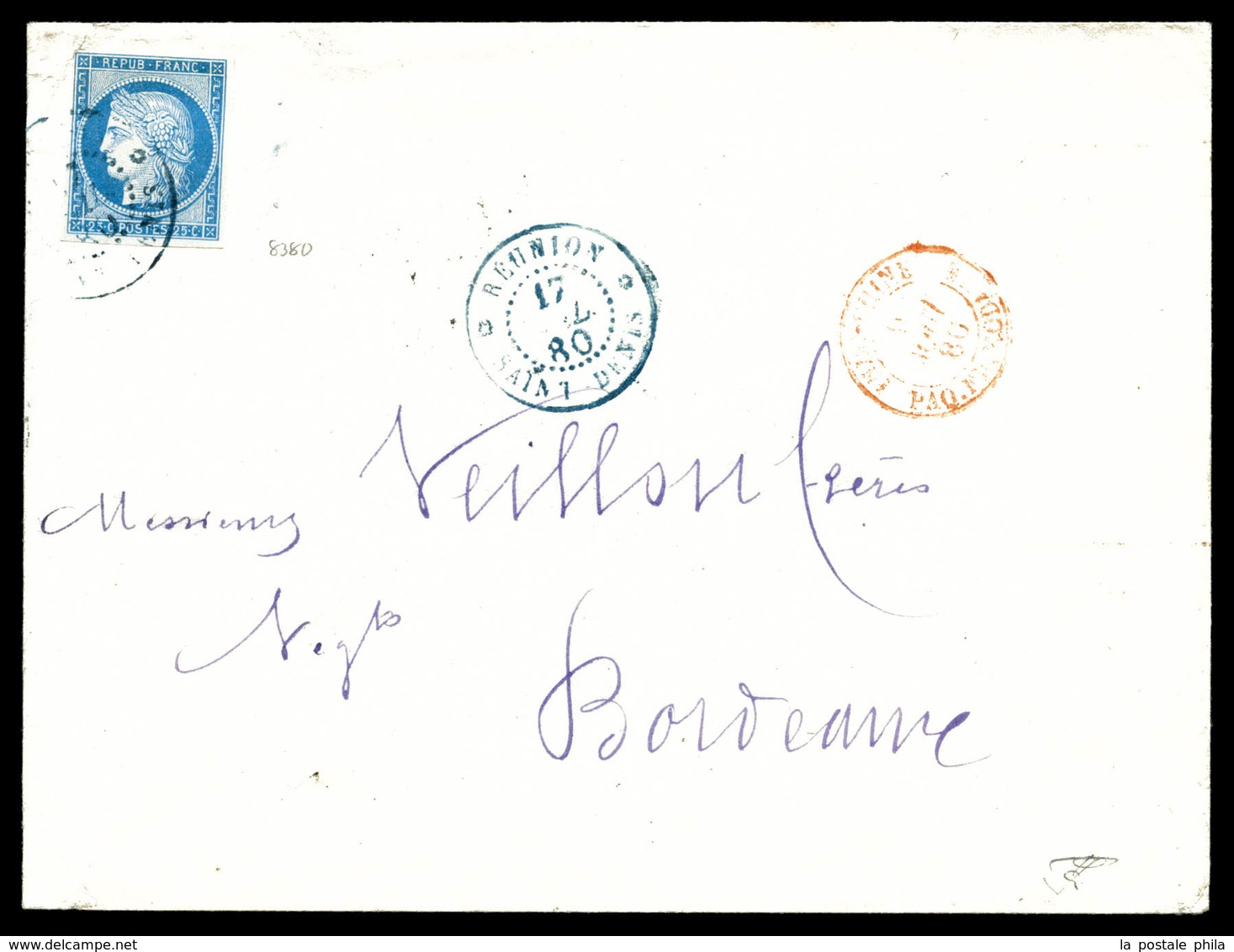 O 25c Cérès Obl Càd Bleu De St Denis Du 17 Juillet 1880 Sur Enveloppe Pour Bordeaux. TB  Qualité: O - Lettres & Documents