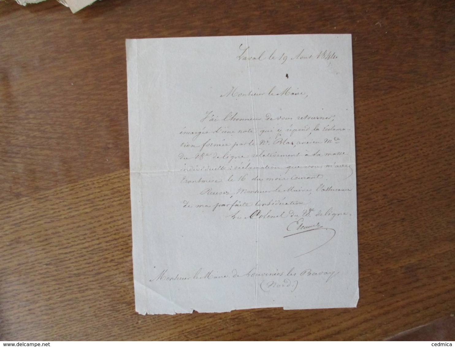 LAVAL LE 19 AOUT 1844 COURRIER LE COLONEL DU 28e DE LIGNE A MONSIEUR LE MAIRE DE LA COMMUNE DE LOUVIGNIES LES BAVAY - Documents