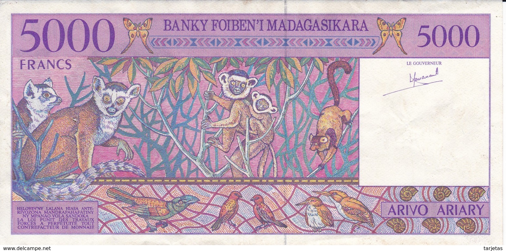 BILLETE DE MADAGASCAR DE 5000 FRANCS DEL AÑO 1995 CALIDAD EBC (XF) (BANKNOTE) LEMUR - Madagascar