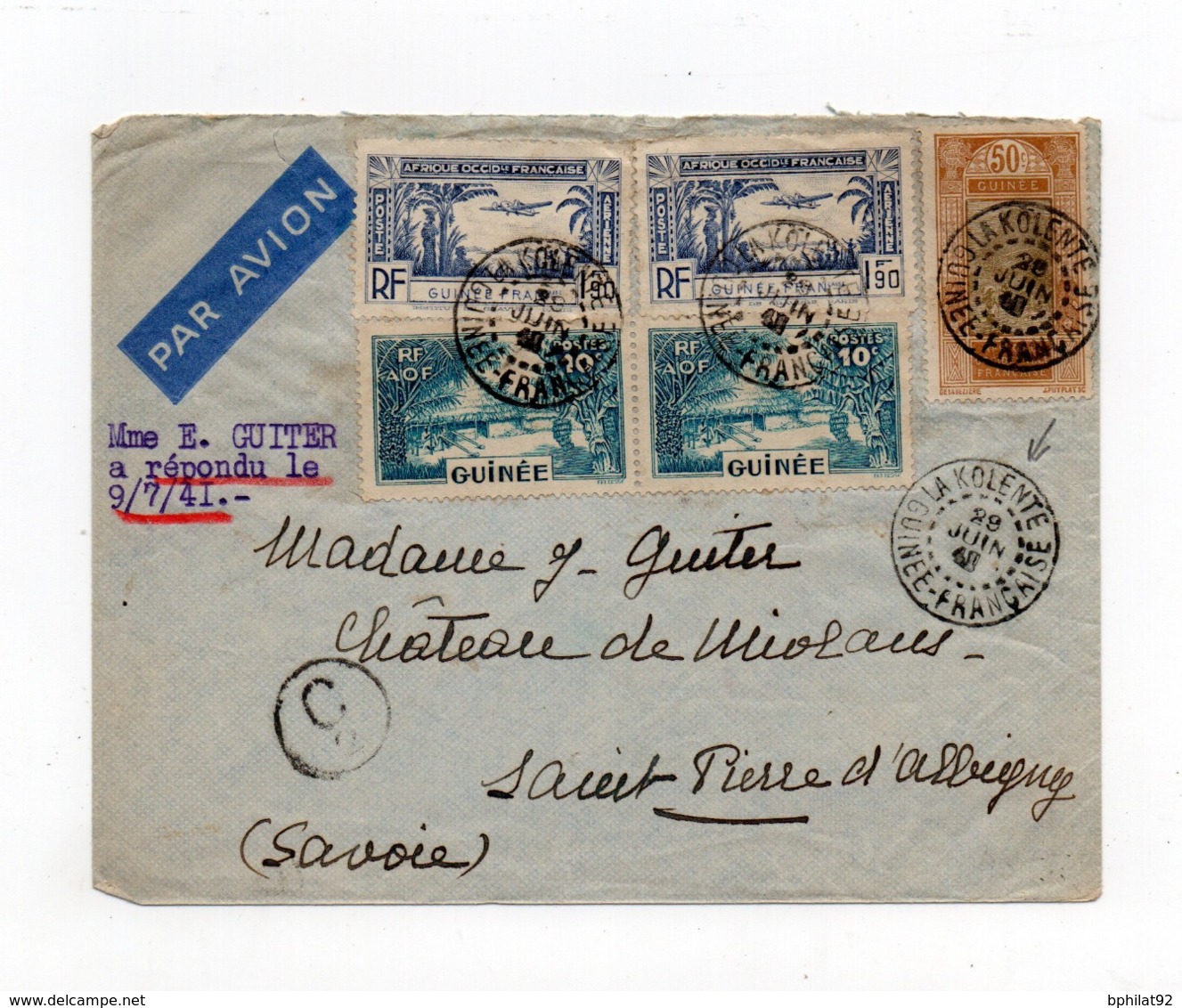 !!! PRIX FIXE : GUINEE, LETTRE PAR AVION DE LA KOLENTE DE 1941 POUR LA FRANCE - Storia Postale