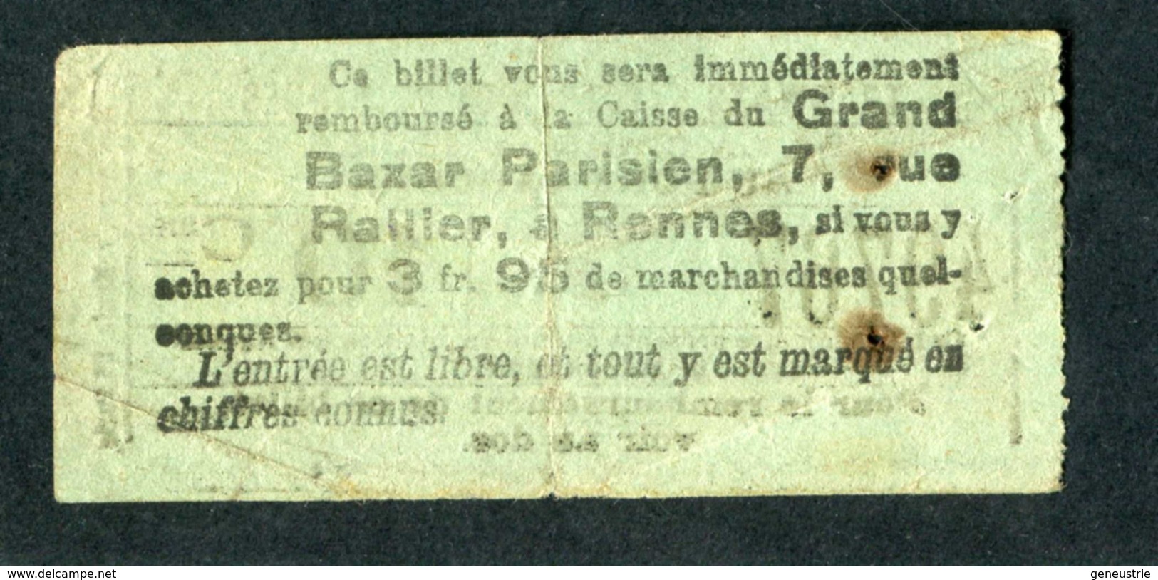 Ticket Billet Tramway Début XXe "Tramways Electriques De Rennes / Croix St Hélei - Port Cahours - 10 Cmes" - Europa