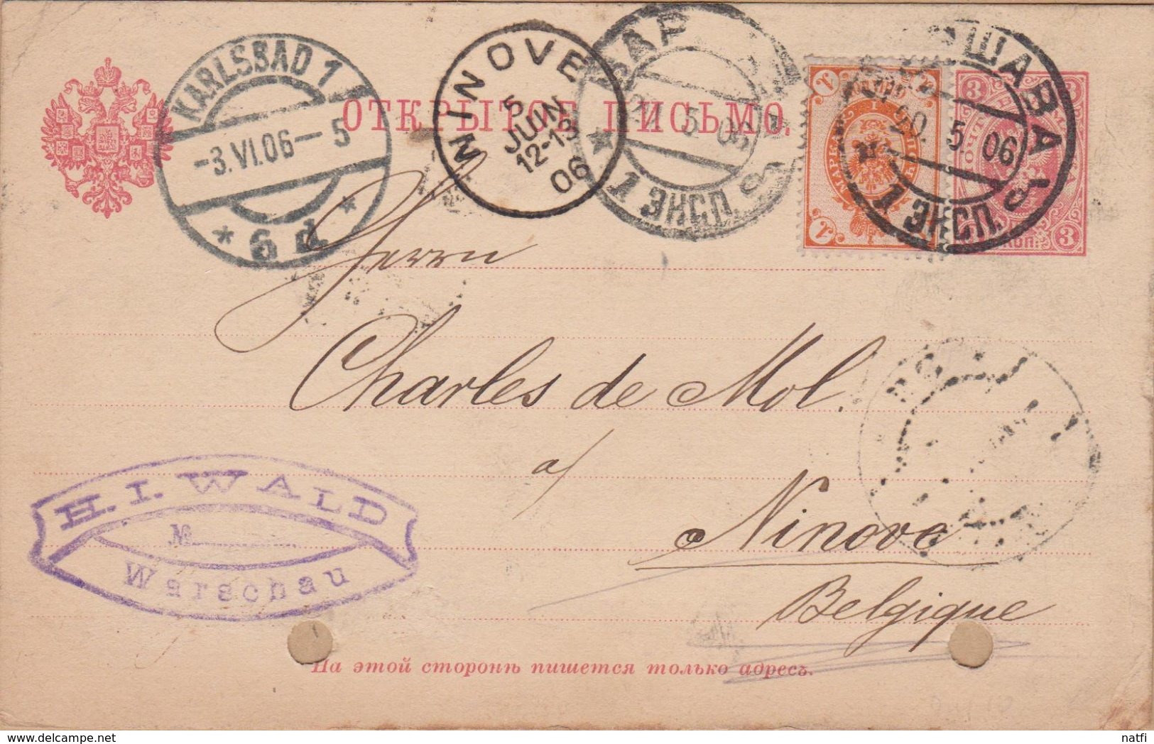 CARTE ENTIER POSTAUX TIMBRE 1906  KARLSSAD A NINOVE (BELGIQUE) VOIR  CACHETS - Entiers Postaux