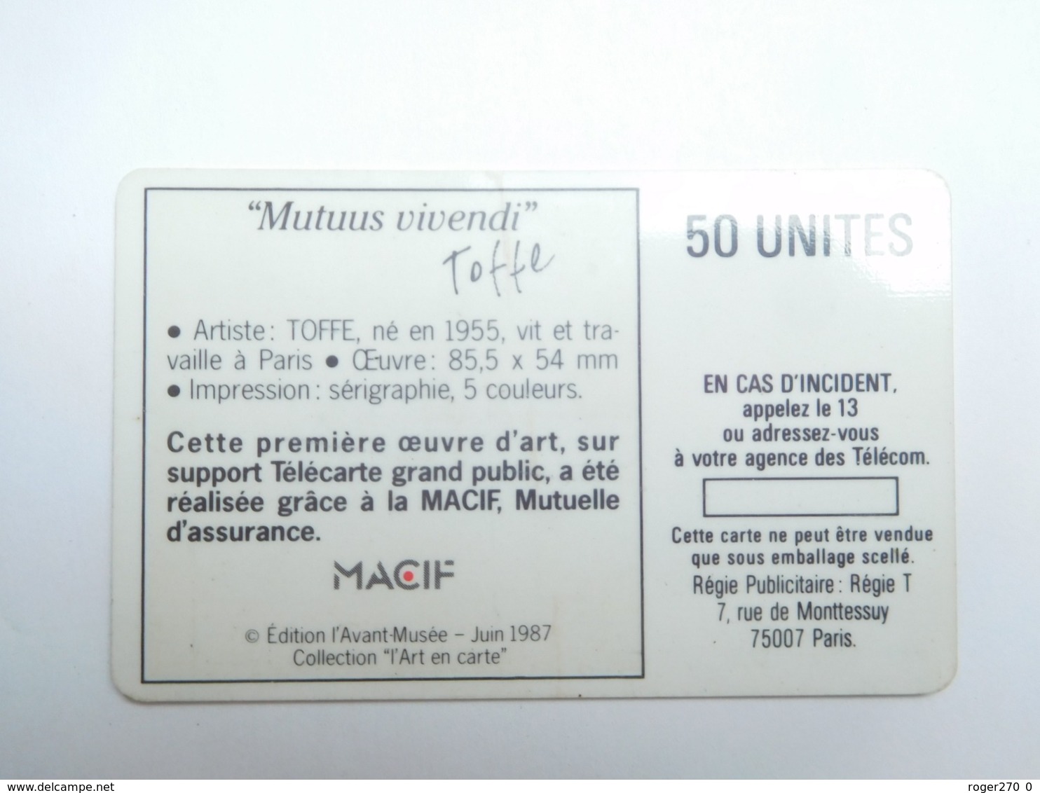 Télécarte , MACIF Toffe , F5 , En Trés Bon état , Cote : 60 Euros - 1988