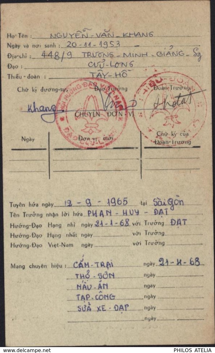 Carte De Scout Scoutisme Cachet Vietnam Viet Nam Hôi Huong Dao 1967 1968  Saigon - Autres & Non Classés