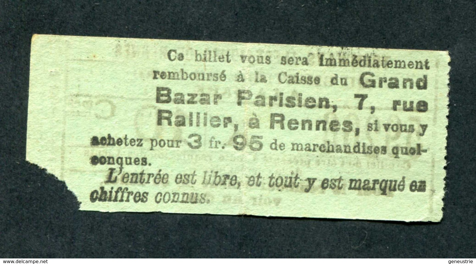 Ticket Billet Tramway Début XXe "Tramways Electriques De Rennes / Cimetière Du Nord à La Gare - 10 -> 15 Cmes" - Europa