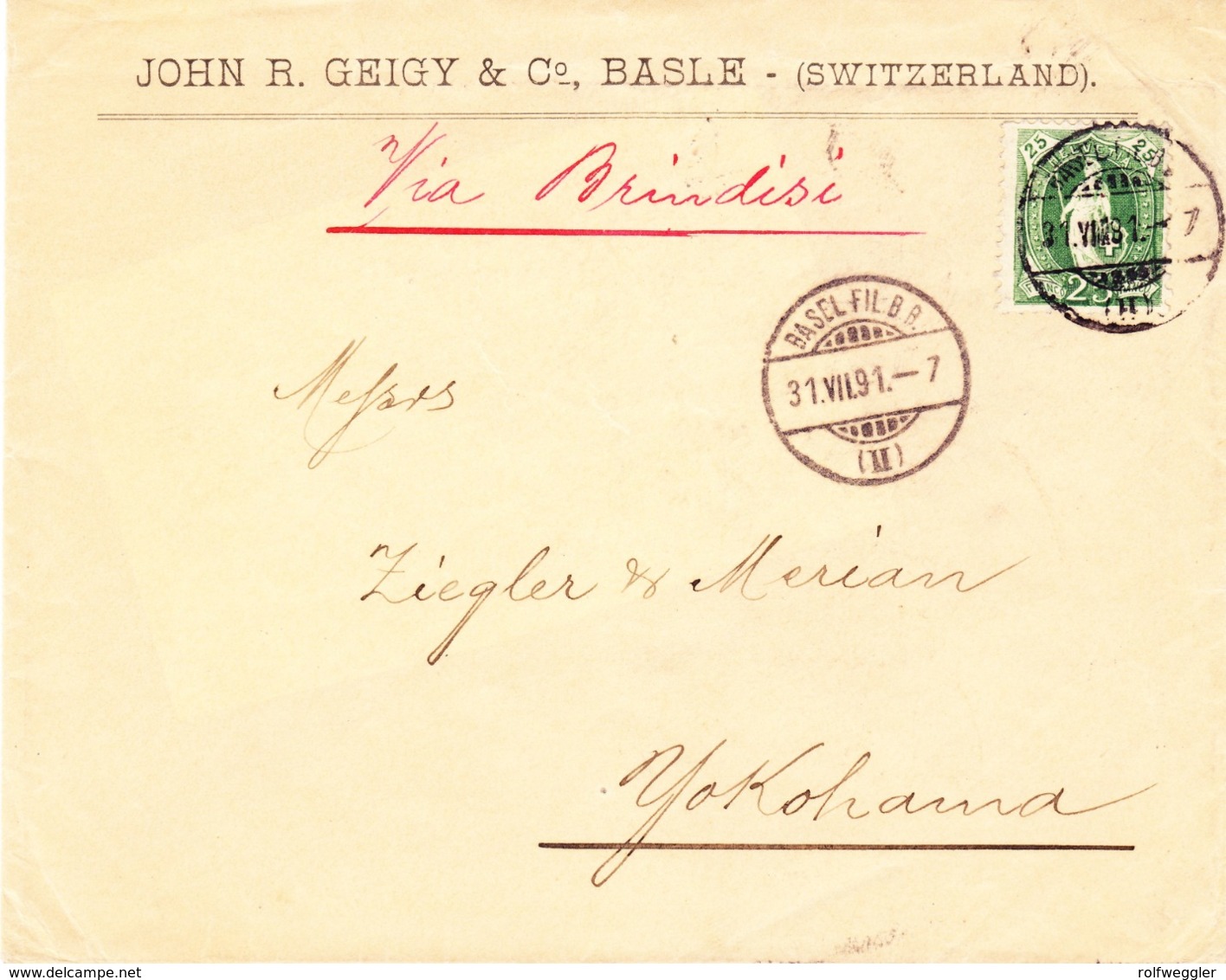 1891 Brief Von J.R. Geigy Basel über Brindisi Nach Yokohama; Rückseitig Ankunftstempel; Etwas Fleckig - Lettres & Documents