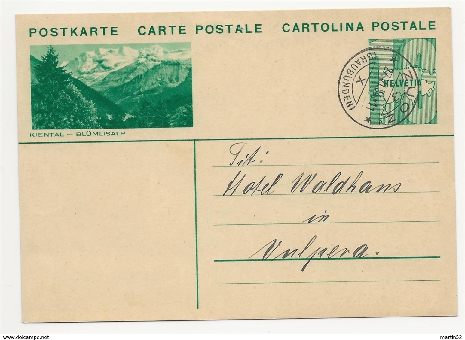 Schweiz Suisse 1934: Bild-PK CPI "KIENTAL - BLÜMLISALP" Mit Stempel ZUOZ 27.VI.34 (GRAUBÜNDEN) Nach Vulpera - Entiers Postaux