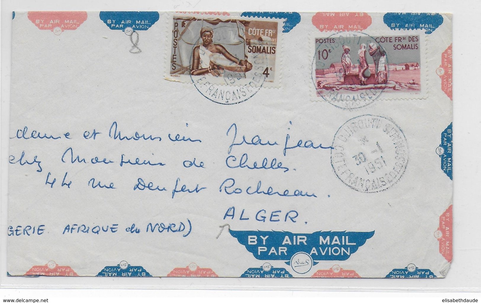 COTE DES SOMALIS - 1951 - ENVELOPPE Par AVION De DJIBOUTI => ALGER ! - Covers & Documents