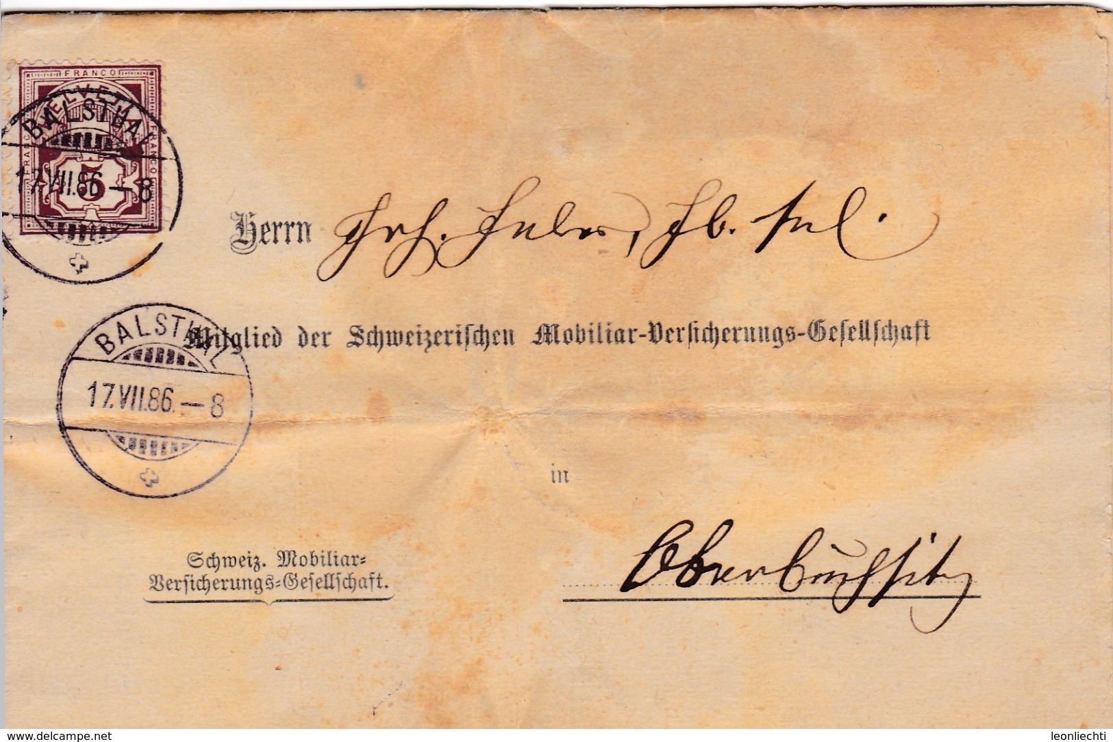 Brief Von Balsthal Nach Oberbuchsiten, Rechnung Der Schweizerischen Mobiliar Versicherun. Zu:60A / Mi: 52x - Lettres & Documents