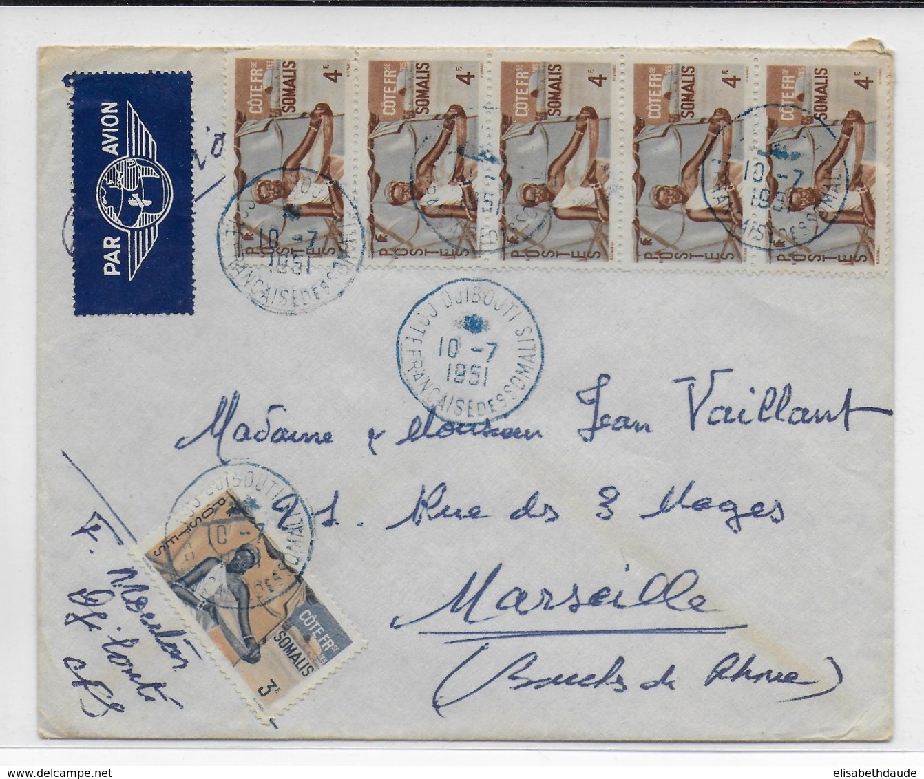 COTE DES SOMALIS - 1951 - ENVELOPPE Par AVION De DJIBOUTI => MARSEILLE - Lettres & Documents