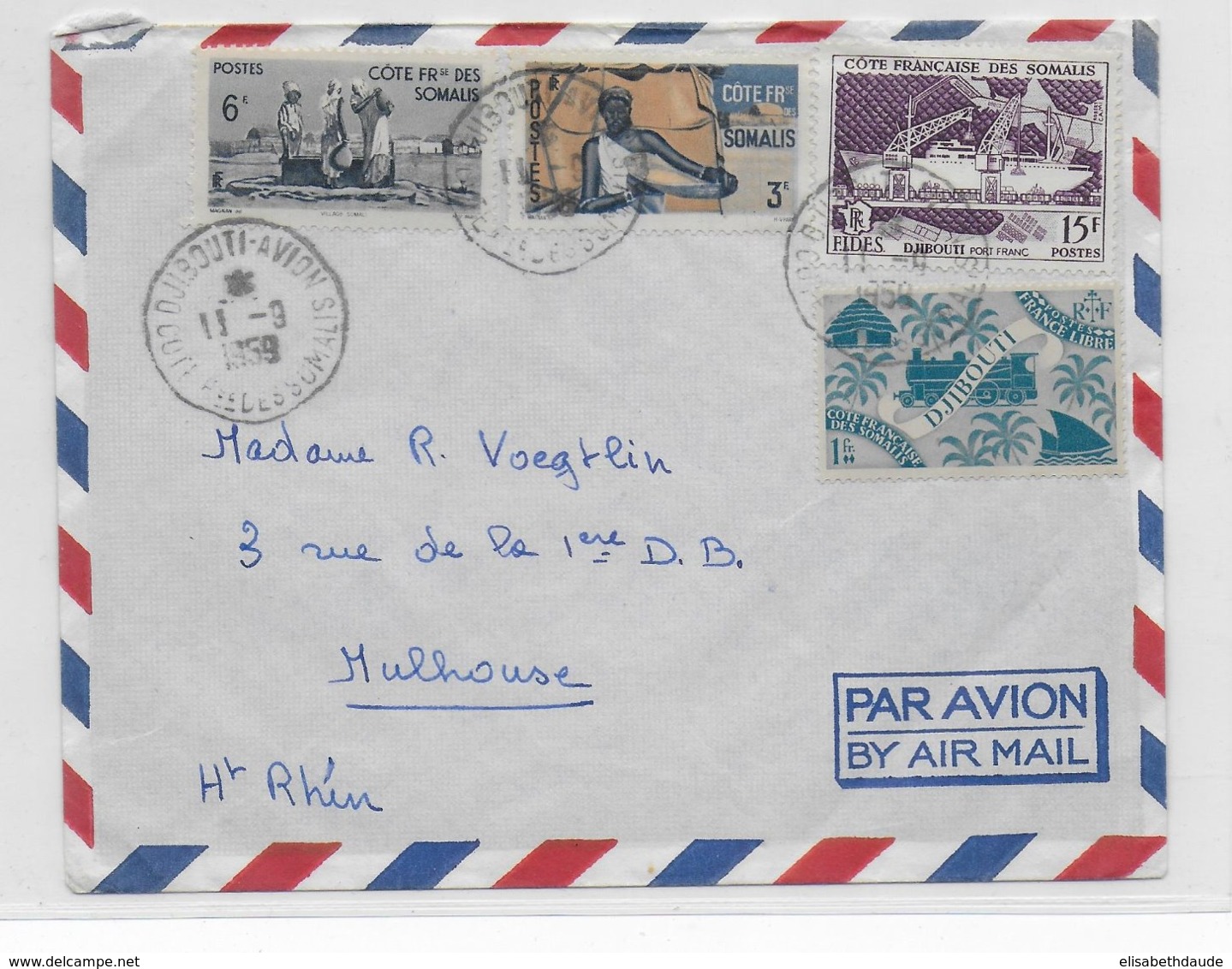 COTE DES SOMALIS - 1959 - ENVELOPPE Par AVION De DJIBOUTI => MULHOUSE - Lettres & Documents