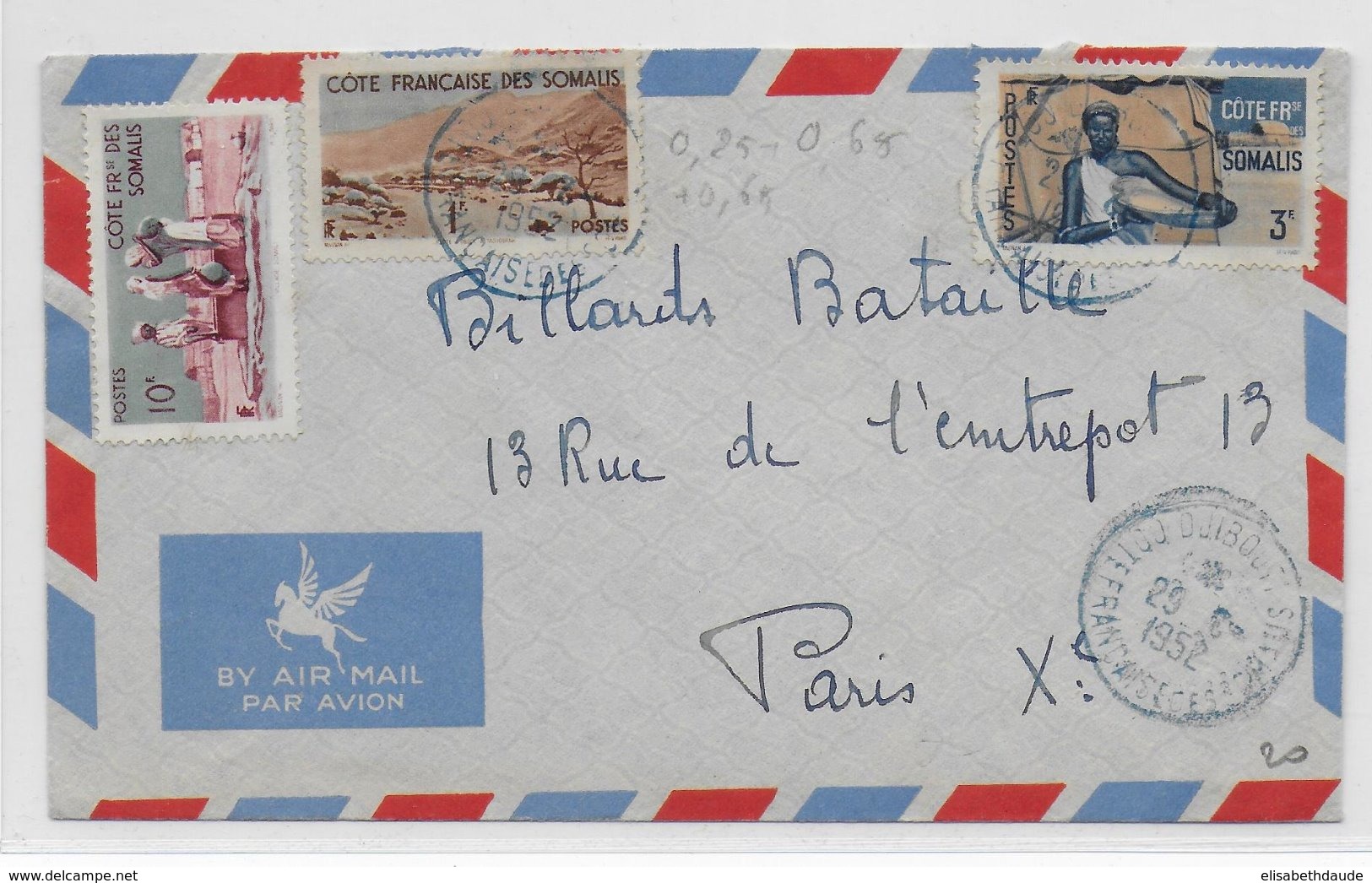 COTE DES SOMALIS - 1952 - ENVELOPPE Par AVION De DJIBOUTI => PARIS - Lettres & Documents