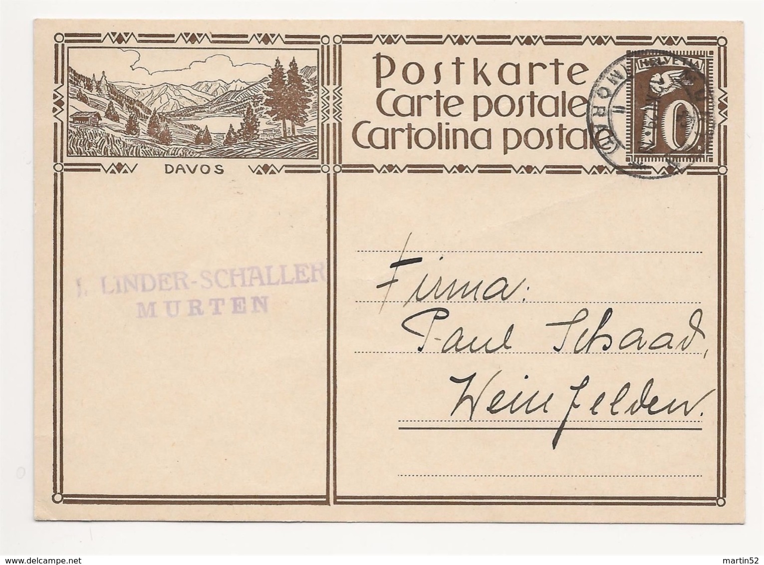 Schweiz Suisse 1929: Bild-PK CPI "DAVOS" Mit Stempel MURTEN 12.XII.29 (MORAT) Nach Weinfelden - Interi Postali