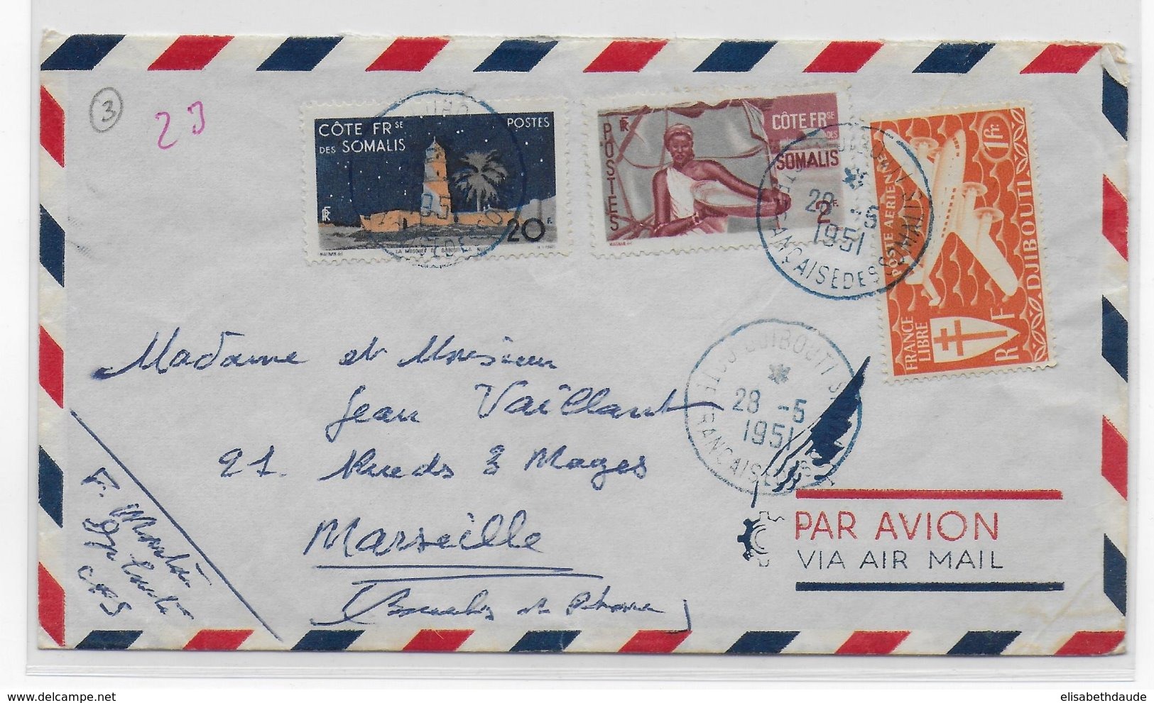 COTE DES SOMALIS - 1951 - ENVELOPPE Par AVION De DJIBOUTI => MARSEILLE - Covers & Documents