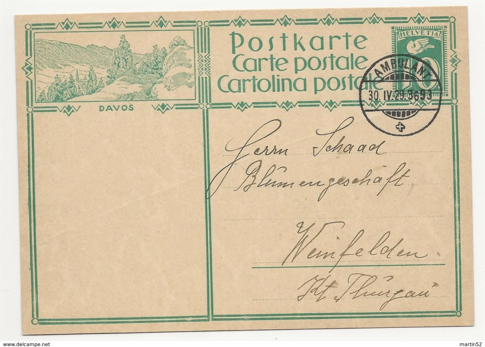 Schweiz Suisse 1929: Bild-PK CPI "DAVOS" Mit Stempel AMBULANT 30.IV.29 Nach Weinfelden - Interi Postali