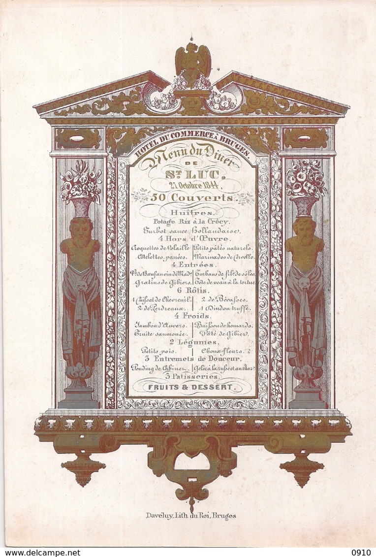 BRUGGE-BRUGES"HOTEL DU COMMERCE-MENU DU DINER-27 OCTOBRE 1844"LITH.DEVELUY-243/167mm - Porcelaine