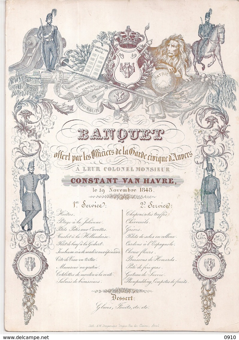 ANTWERPEN-ANVERS"BANQUET-OFFICIERS DE LA GARDE CIVIQUE-19 NOVEMBRE 1848-MENU"LITH.DINGEMANS-248/177MM - Cartes Porcelaine