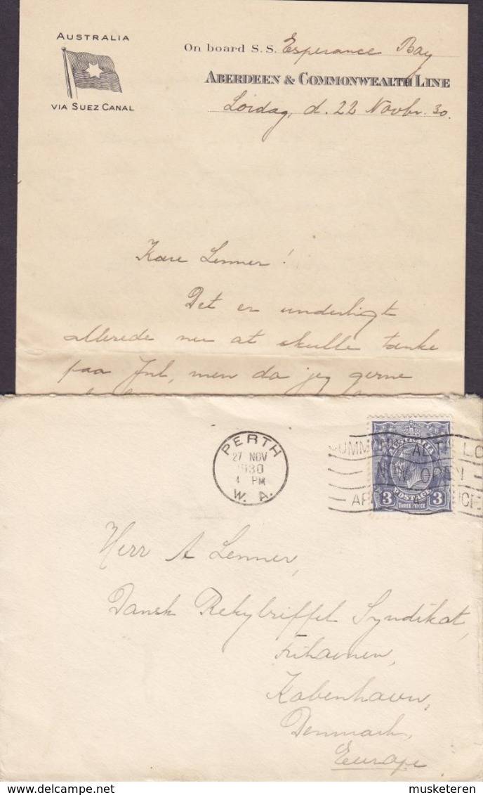 ABERDEEN & COMMONWEALTH LINE S.S. 'Esperance Bay' PERTH 1930 Cover Brief DANSK REKYLRIFFEL SYNDIKAT København - Lettres & Documents