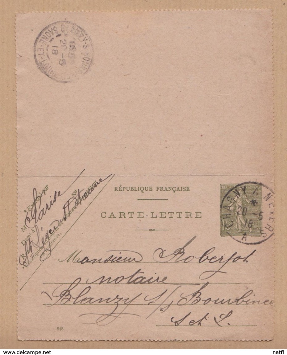 CARTE LETTRE TYPE SEMEUSE LIGNEE 15C VERT  CHAGNY  A NEVERS  BLANZY S/ BOURBINEE VOIR PHOTOS - Cartes-lettres