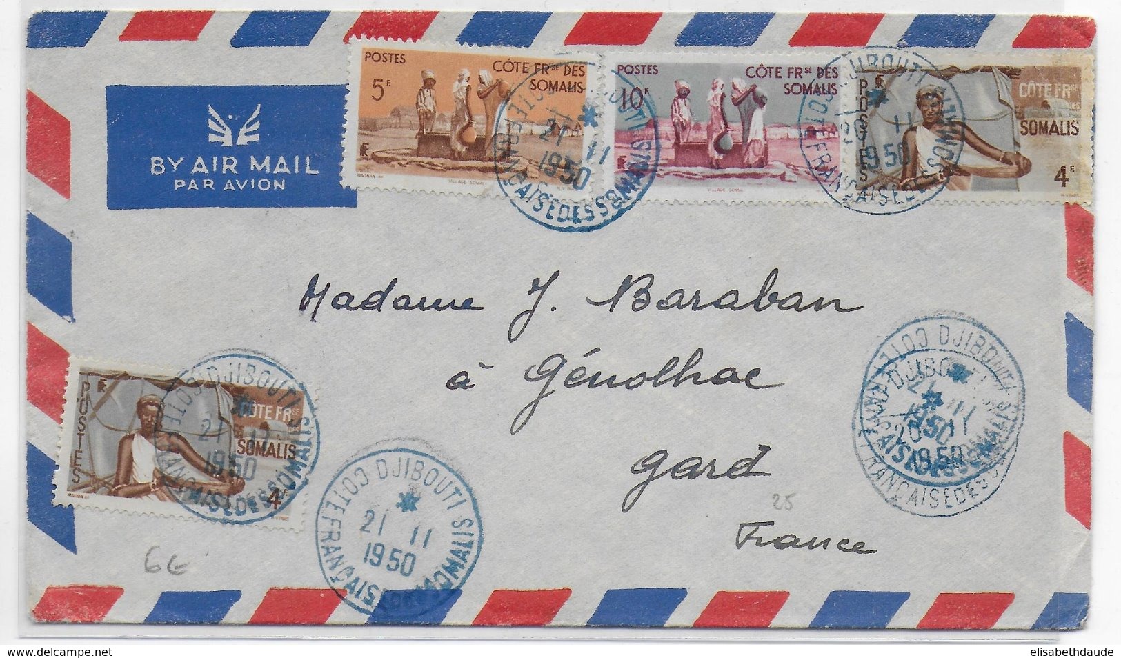 COTE DES SOMALIS - 1950 - ENVELOPPE Par AVION De DJIBOUTI => GENOLHAC - Covers & Documents