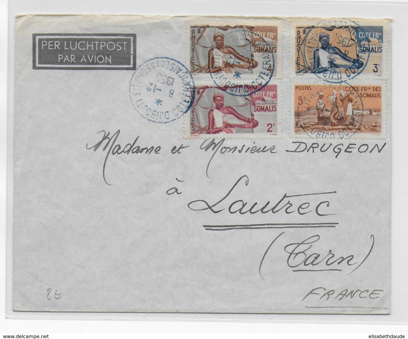 COTE DES SOMALIS - 1950 - ENVELOPPE Par AVION De DJIBOUTI => LAUTREC - Briefe U. Dokumente