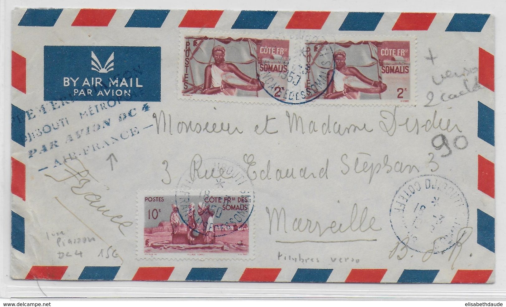 COTE DES SOMALIS - 1950 - ENVELOPPE Par AVION 1° VOL DJIBOUTI METROPOLE Par DC4 AIR FRANCE De DJIBOUTI => MARSEILLE - Brieven En Documenten