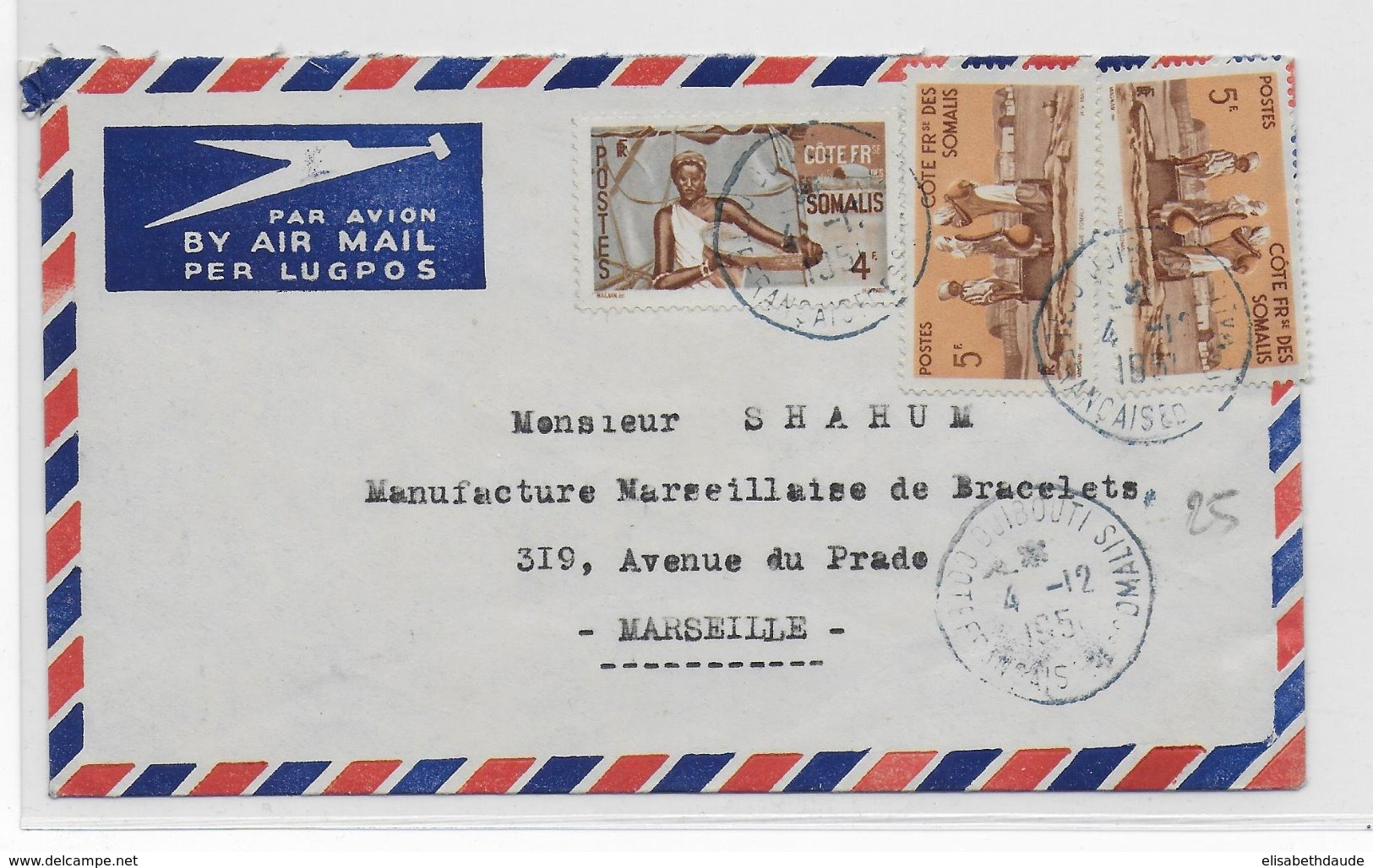 COTE DES SOMALIS - 1951 - ENVELOPPE Par AVION De DJIBOUTI => MARSEILLE - Lettres & Documents