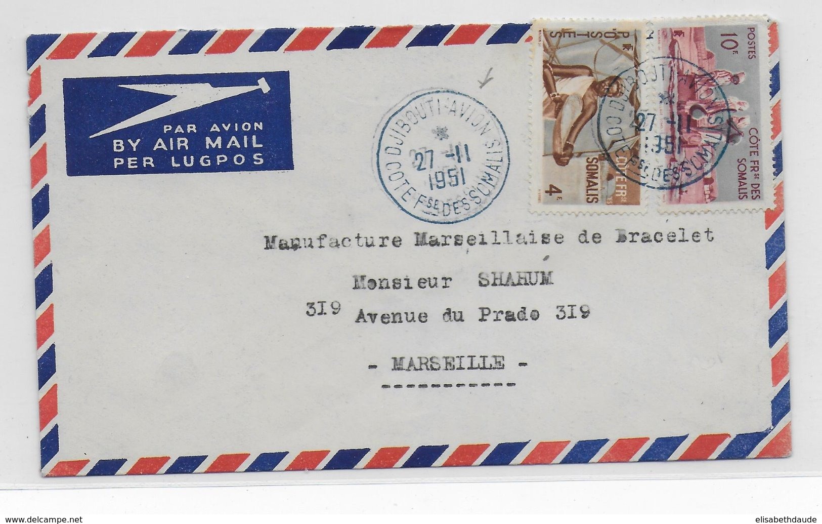 COTE DES SOMALIS - 1951 - ENVELOPPE Par AVION De DJIBOUTI AVION => MARSEILLE - Storia Postale