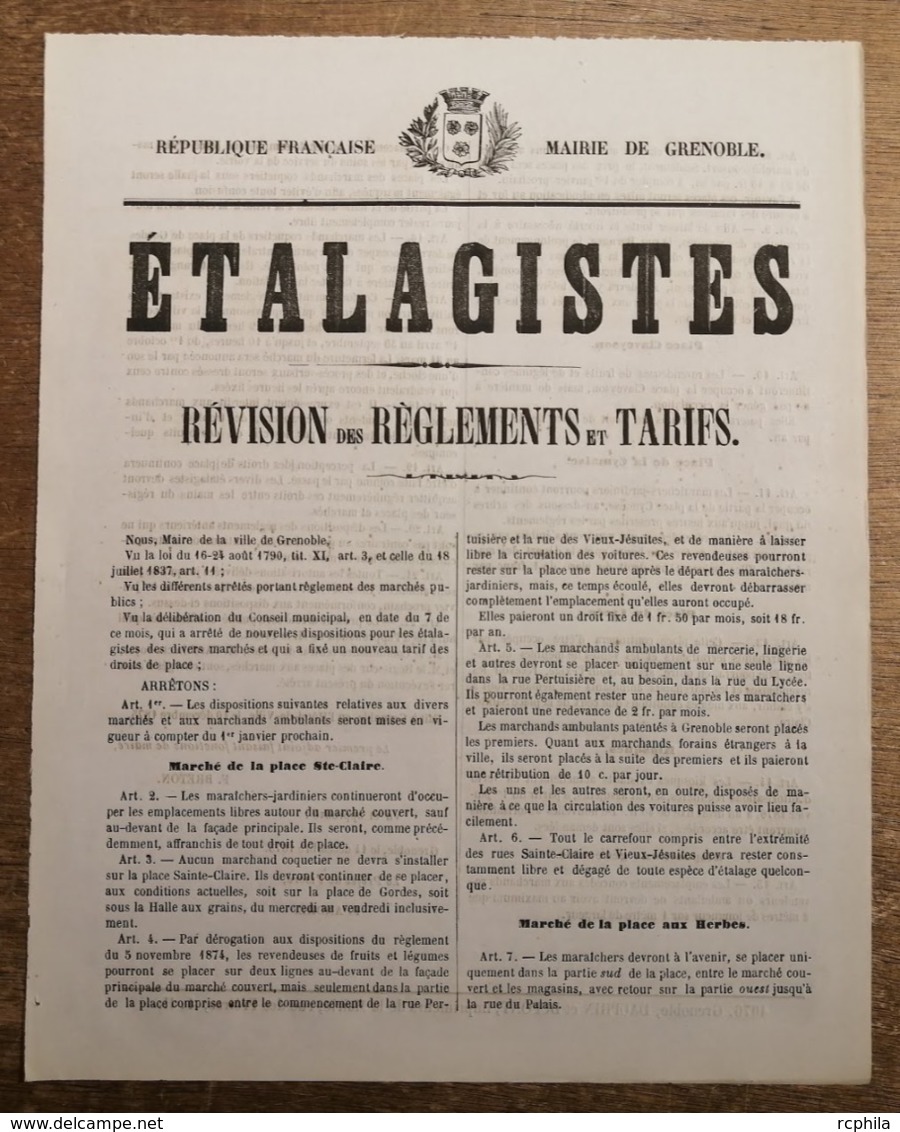 RC 13711 GRENOBLE ISERE 1875 " ÉTALAGISTES " RÈGLEMENTS DES MARCHÉS ANCIENNE AFFICHE DE MAIRIE TB - Afiches