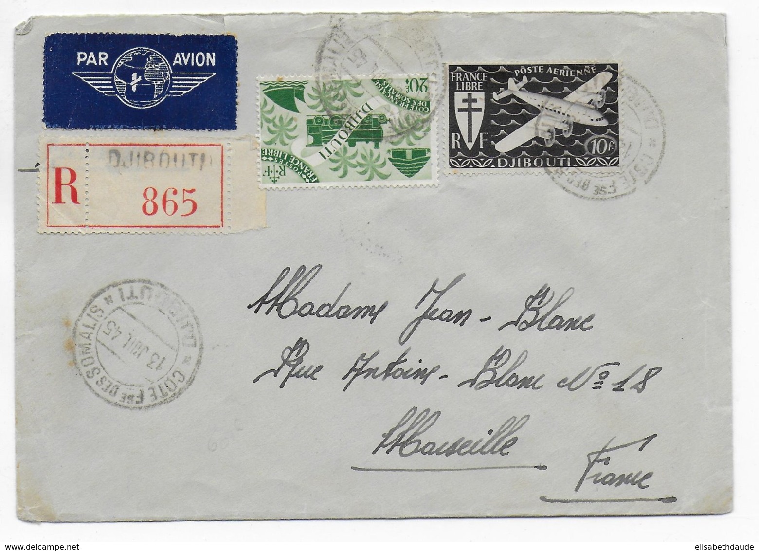 COTE DES SOMALIS - 1945 - ENVELOPPE RECOMMANDEE Par AVION De DJIBOUTI  => MARSEILLE - Lettres & Documents