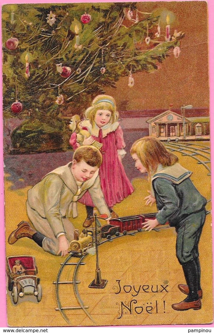 Gaufrée, Relief - NOEL - Enfants, Train électrique, Automobile, Sapin De Noël - Autres & Non Classés