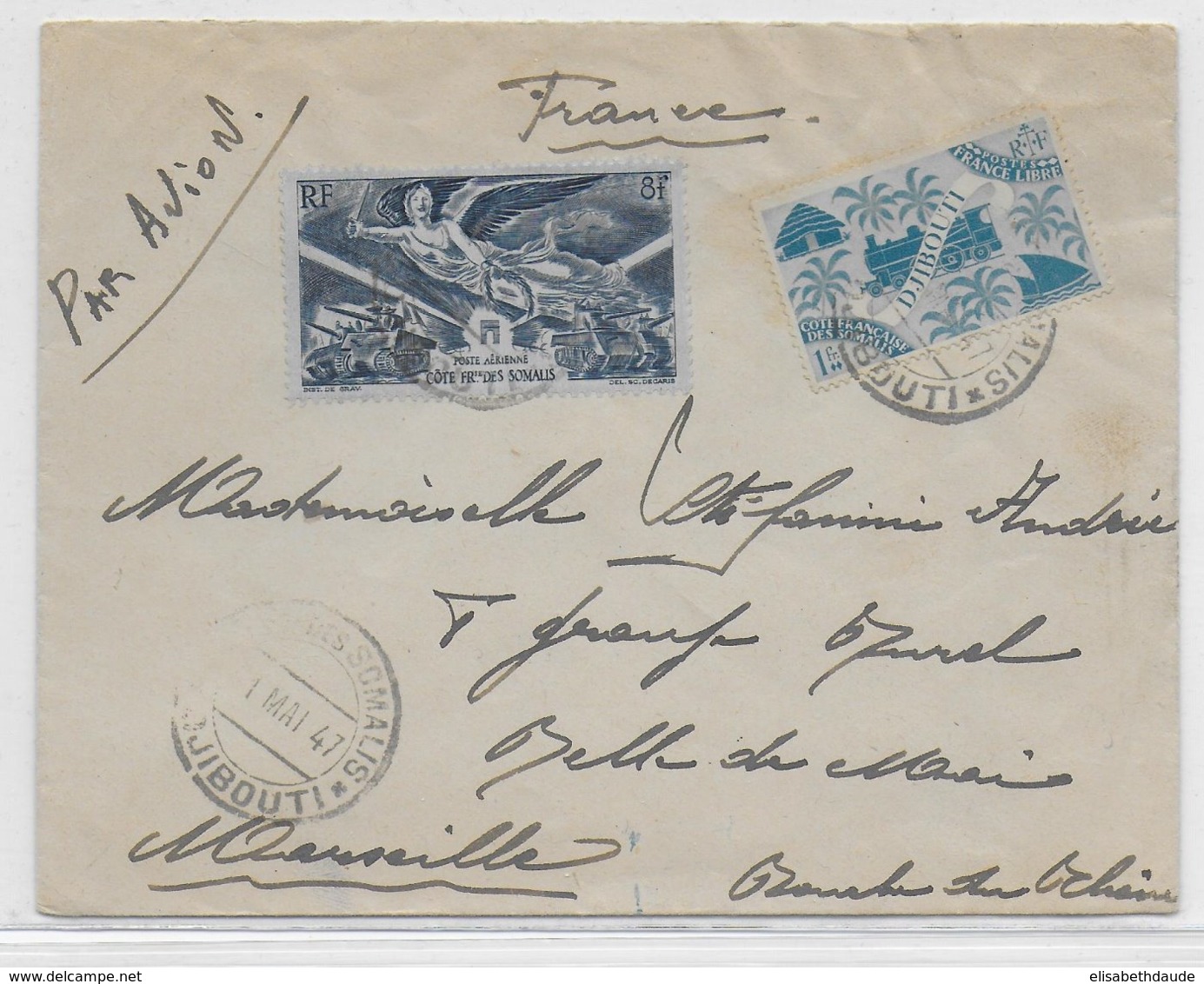 COTE DES SOMALIS - 1947 - ENVELOPPE Par AVION De DJIBOUTI  => MARSEILLE - Lettres & Documents