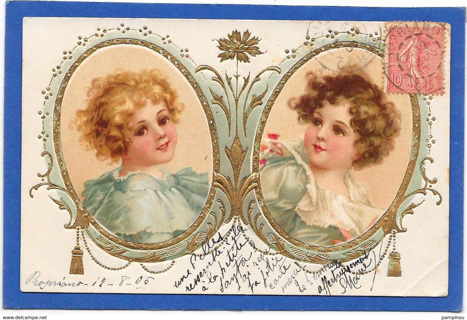 Gaufrée, Relief - Portraits Enfants Dans Médaillons à Dorures - Autres & Non Classés